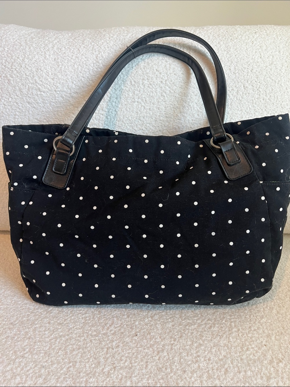 Black Polka Dot Tote Bag with Faux Leather Handles Green Lining Halloween